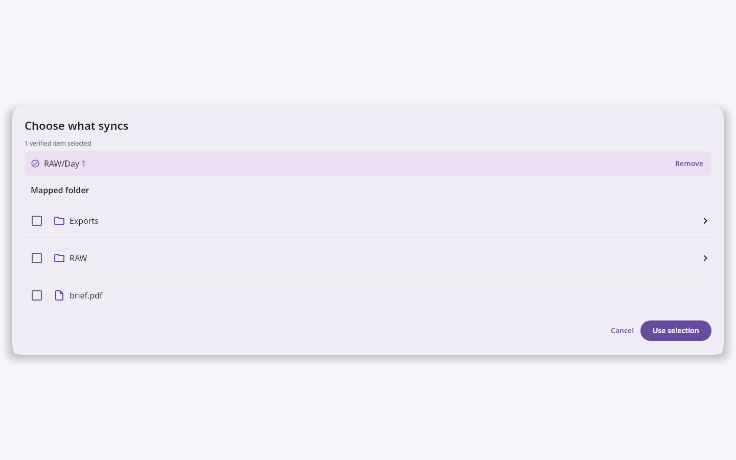 File sync Selective sync browser: Verified folders and files