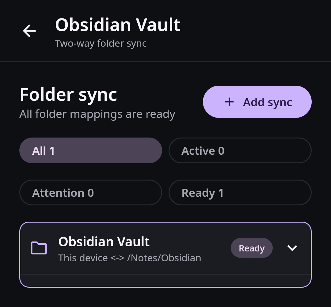 Nextcloud Native showing a synthetic Obsidian vault two-way sync pair with pending and completed transfer counts on mobile